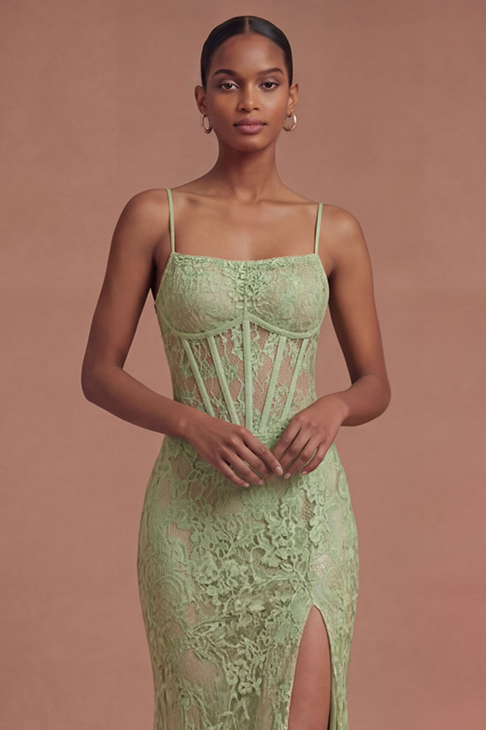 Sage Green Mermaid Corset Spaghetti Straps Long Prom Dress with Slit