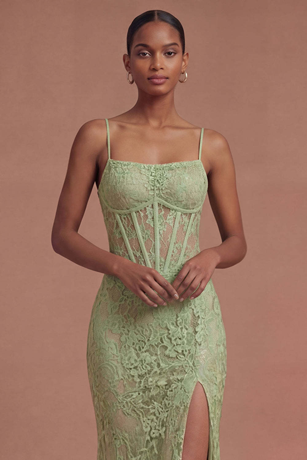 Sage Green Mermaid Corset Spaghetti Straps Long Prom Dress with Slit