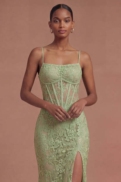 Sage Green Mermaid Corset Spaghetti Straps Long Prom Dress with Slit