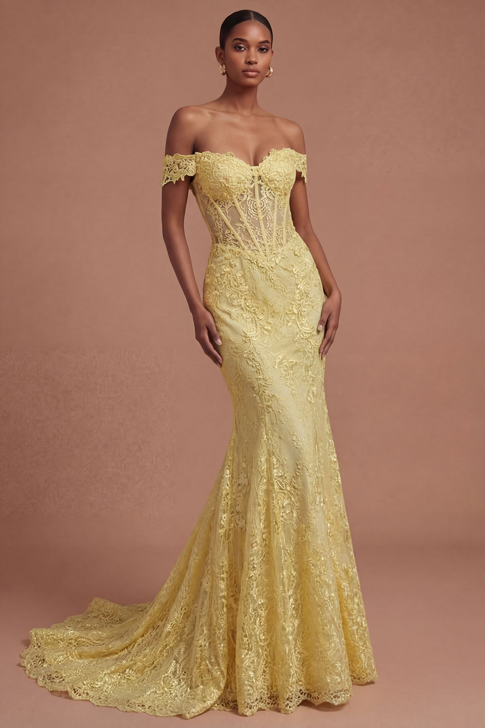 lLeely Women Yellow Floral Corset Off the Shoulder Mermaid Long Prom Dress Backless Sleeveless Evening Dress