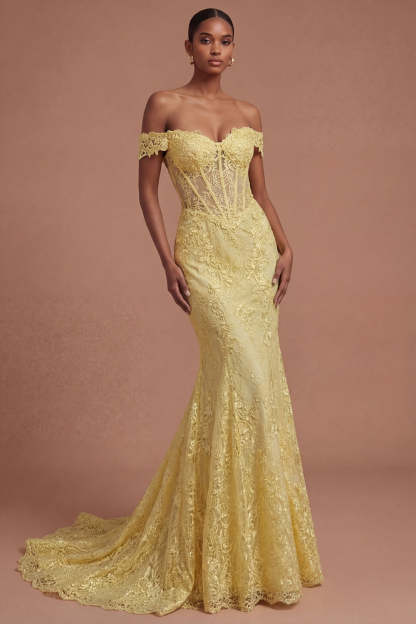 lLeely Women Yellow Floral Corset Off the Shoulder Mermaid Long Prom Dress Backless Sleeveless Evening Dress