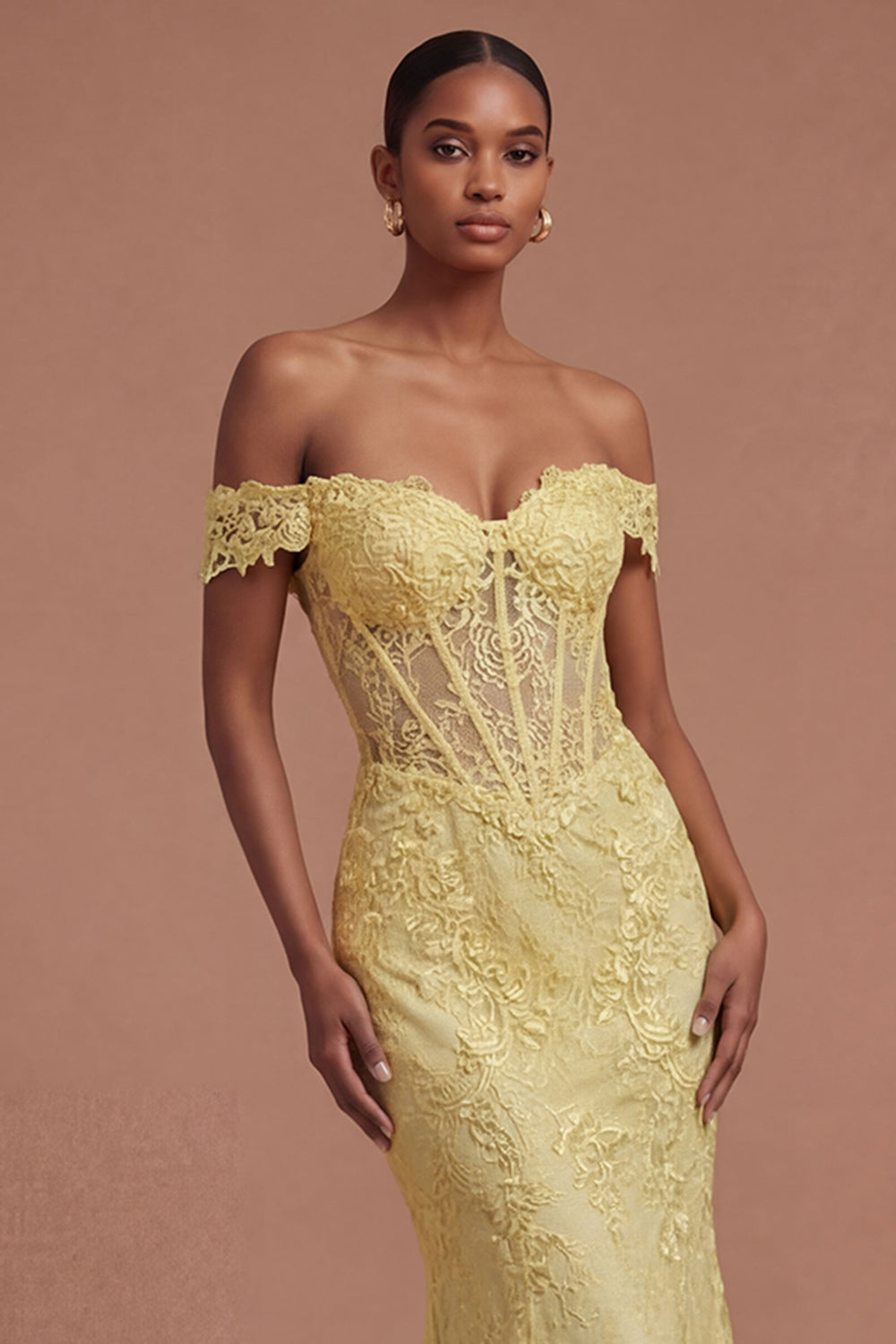 Yellow Floral Corset Off the Shoulder Mermaid Long Prom Dress