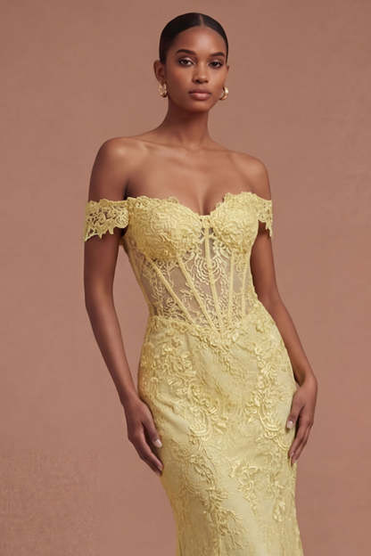 Yellow Floral Corset Off the Shoulder Mermaid Long Prom Dress