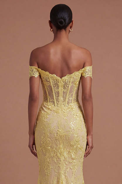 Yellow Floral Corset Off the Shoulder Mermaid Long Prom Dress