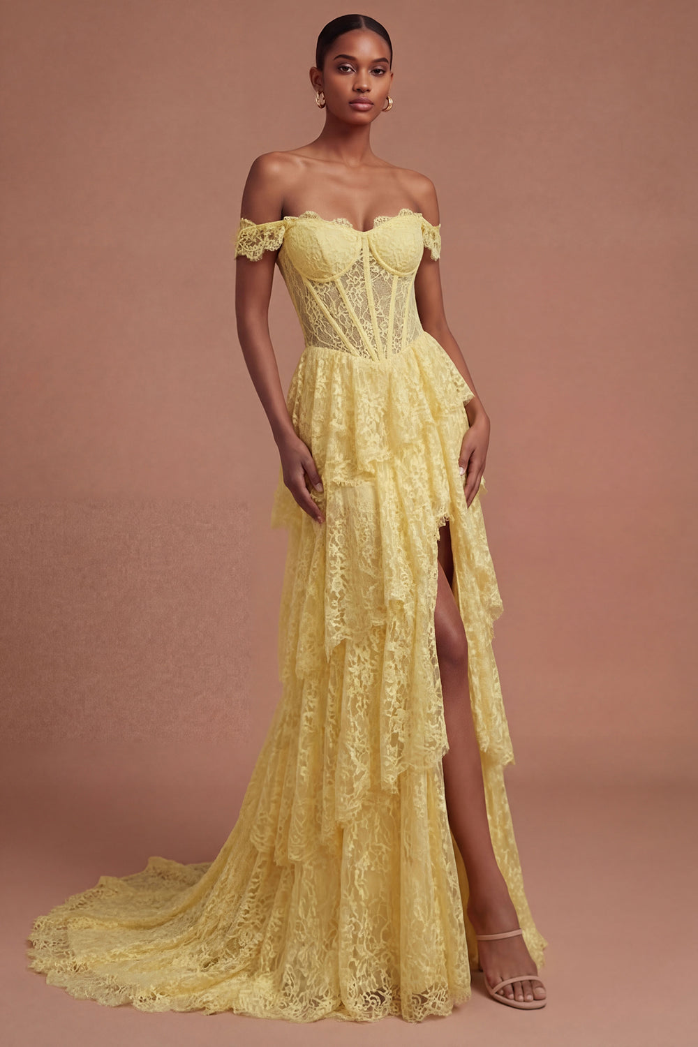Yellow Floral Corset Off the Shoulder Tiered Long Prom Dress with Slit