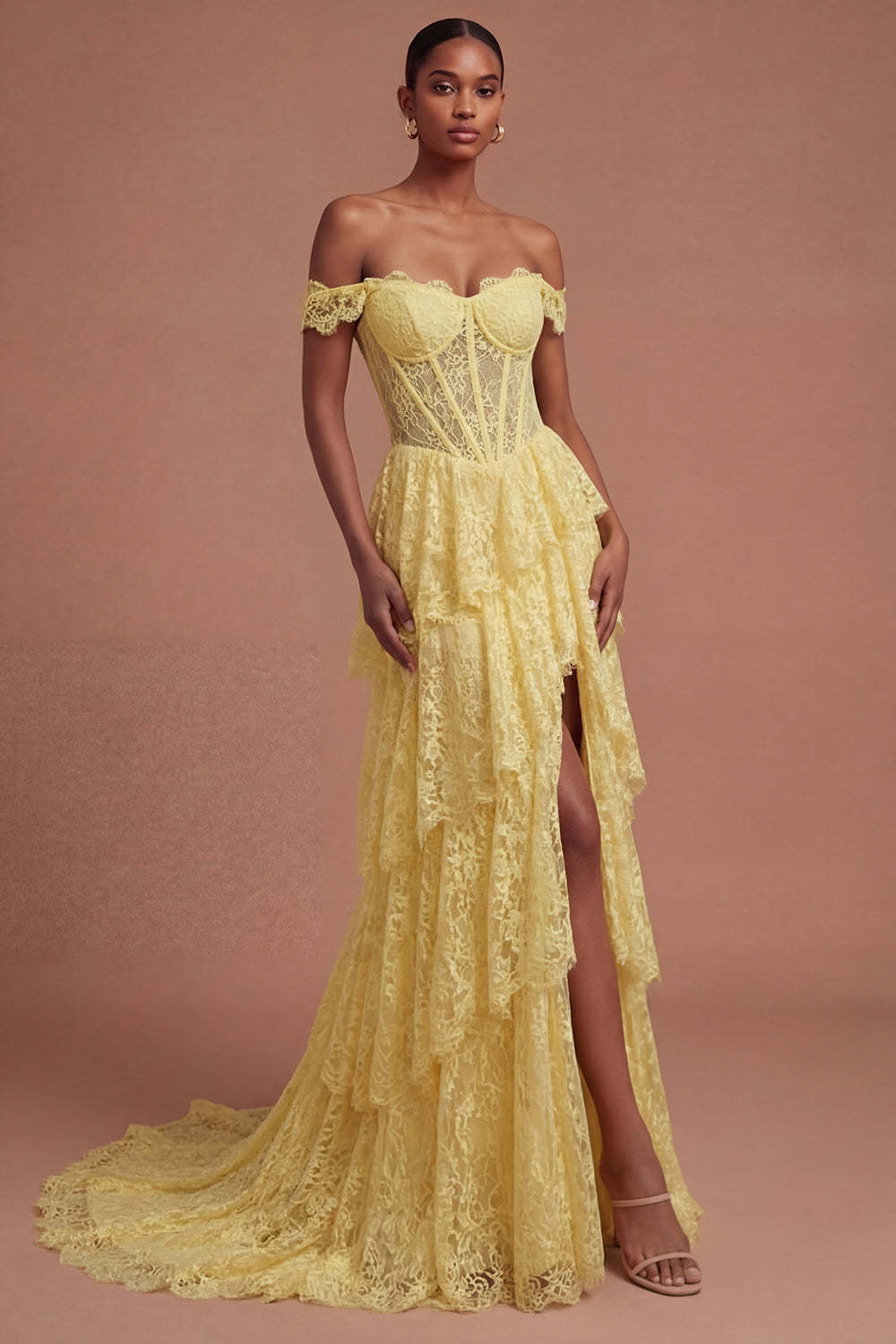 lLeely Women Yellow Floral Corset Tiered Long Prom Dress with Slit Off the Shoulder Backless Sleeveless Evening Dress
