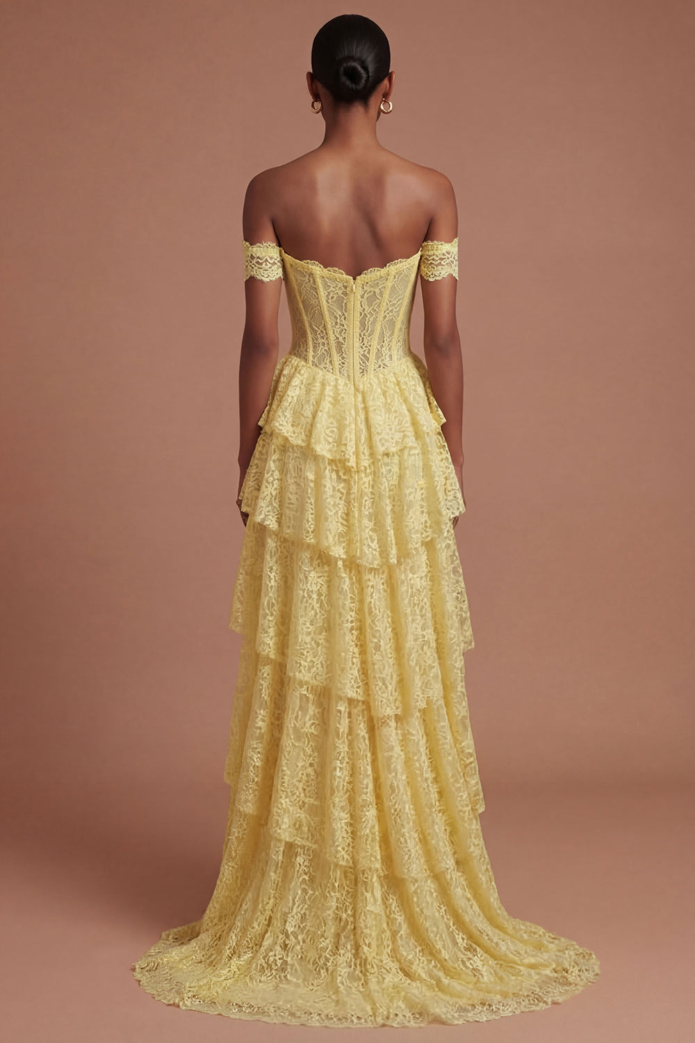 Yellow Floral Corset Off the Shoulder Tiered Long Prom Dress with Slit