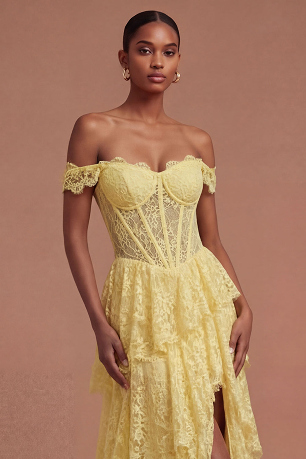 Yellow Floral Corset Off the Shoulder Tiered Long Prom Dress with Slit