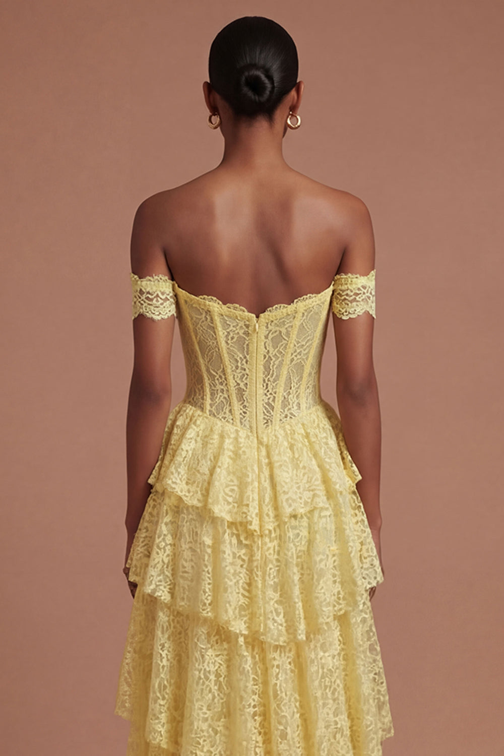 Yellow Floral Corset Off the Shoulder Tiered Long Prom Dress with Slit