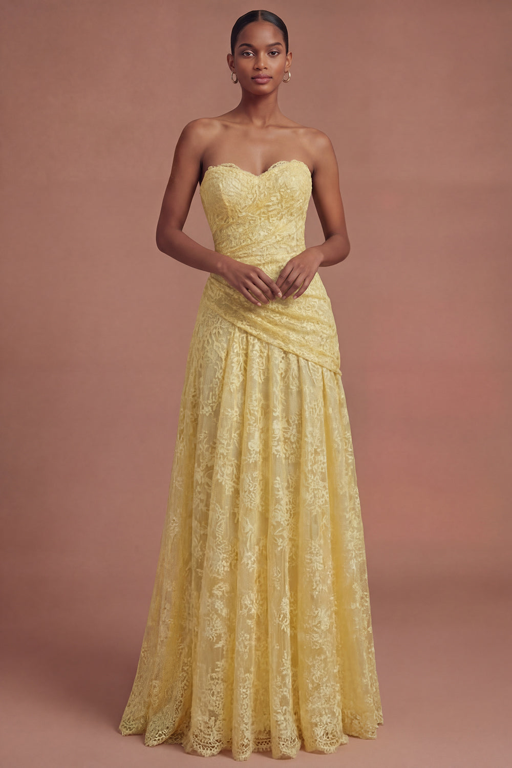 Yellow Floral A Line Strapless Long Prom Dress