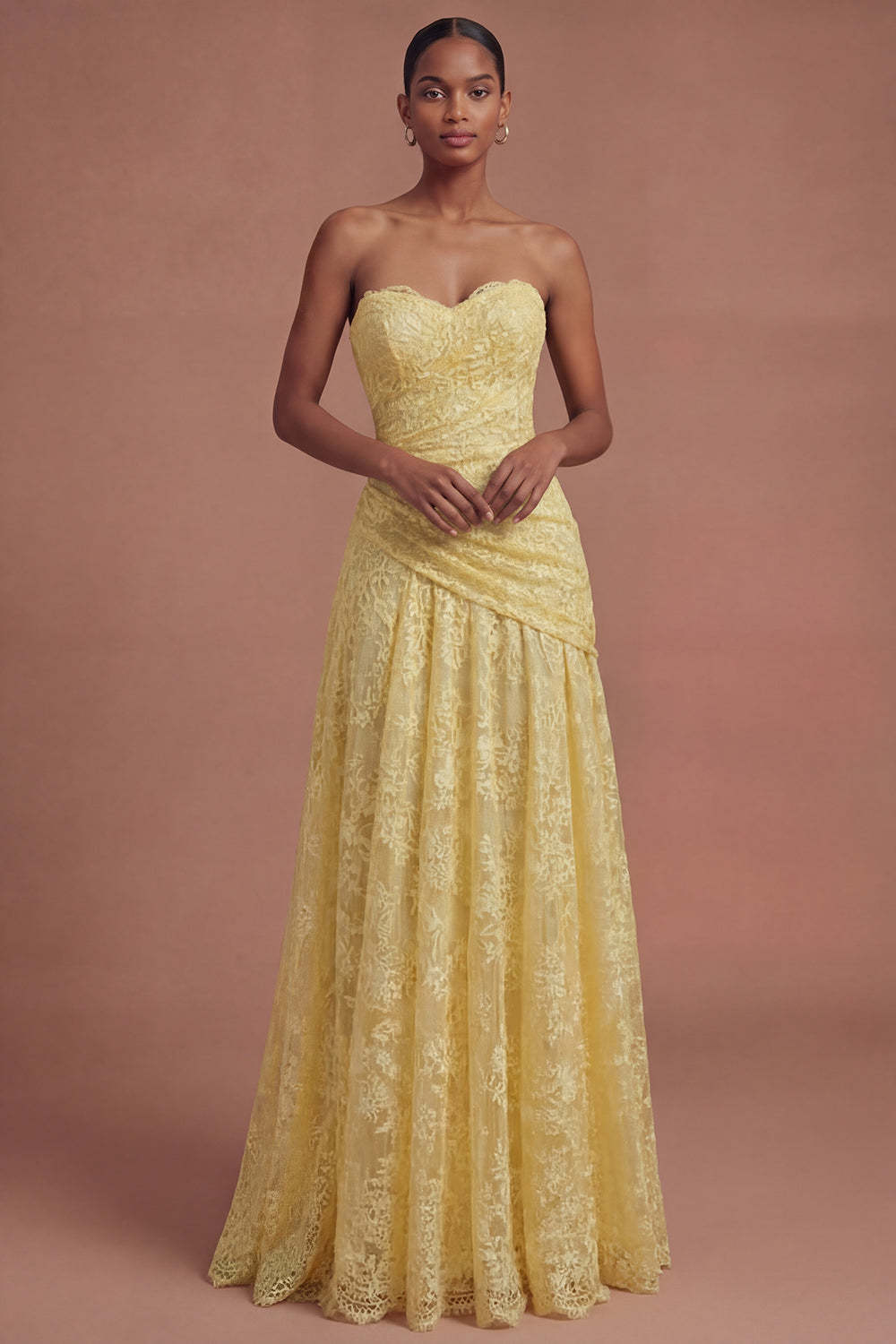 lLeely Women Yellow Floral A Line Strapless Long Prom Dress Backless Sleeveless Evening Dress