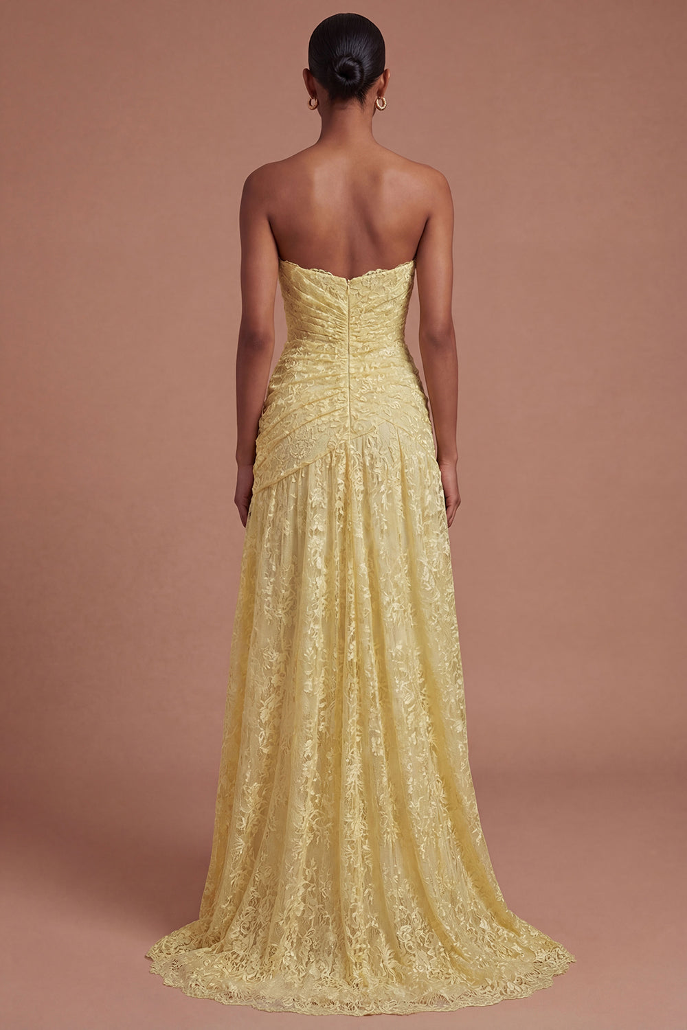 Yellow Floral A Line Strapless Long Prom Dress