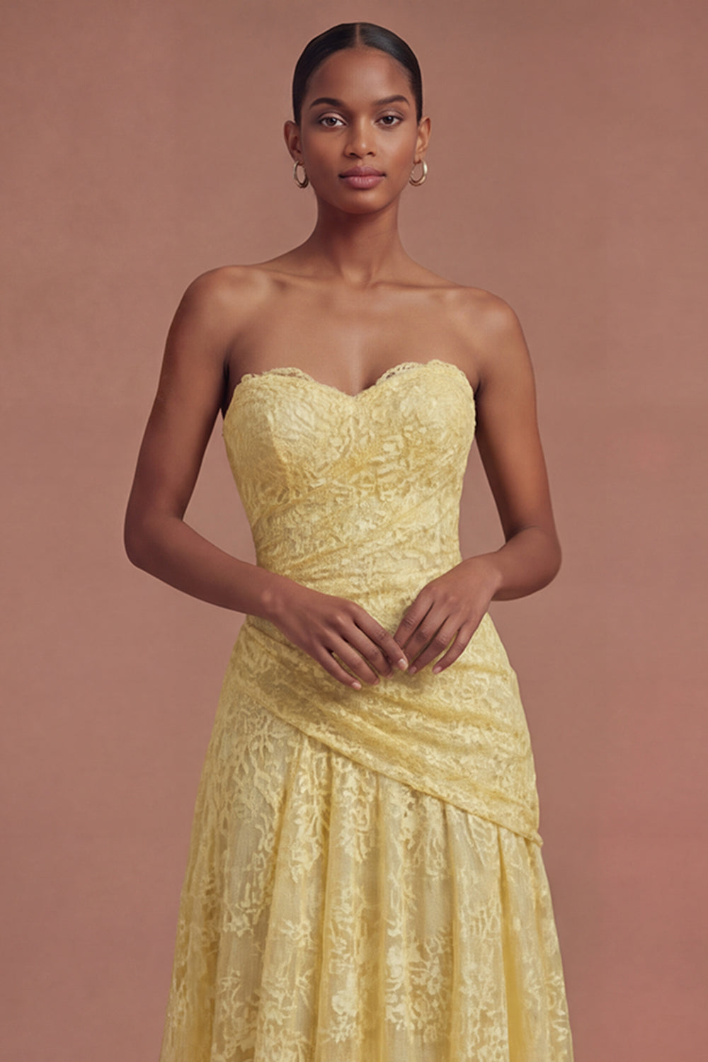 Yellow Floral A Line Strapless Long Prom Dress