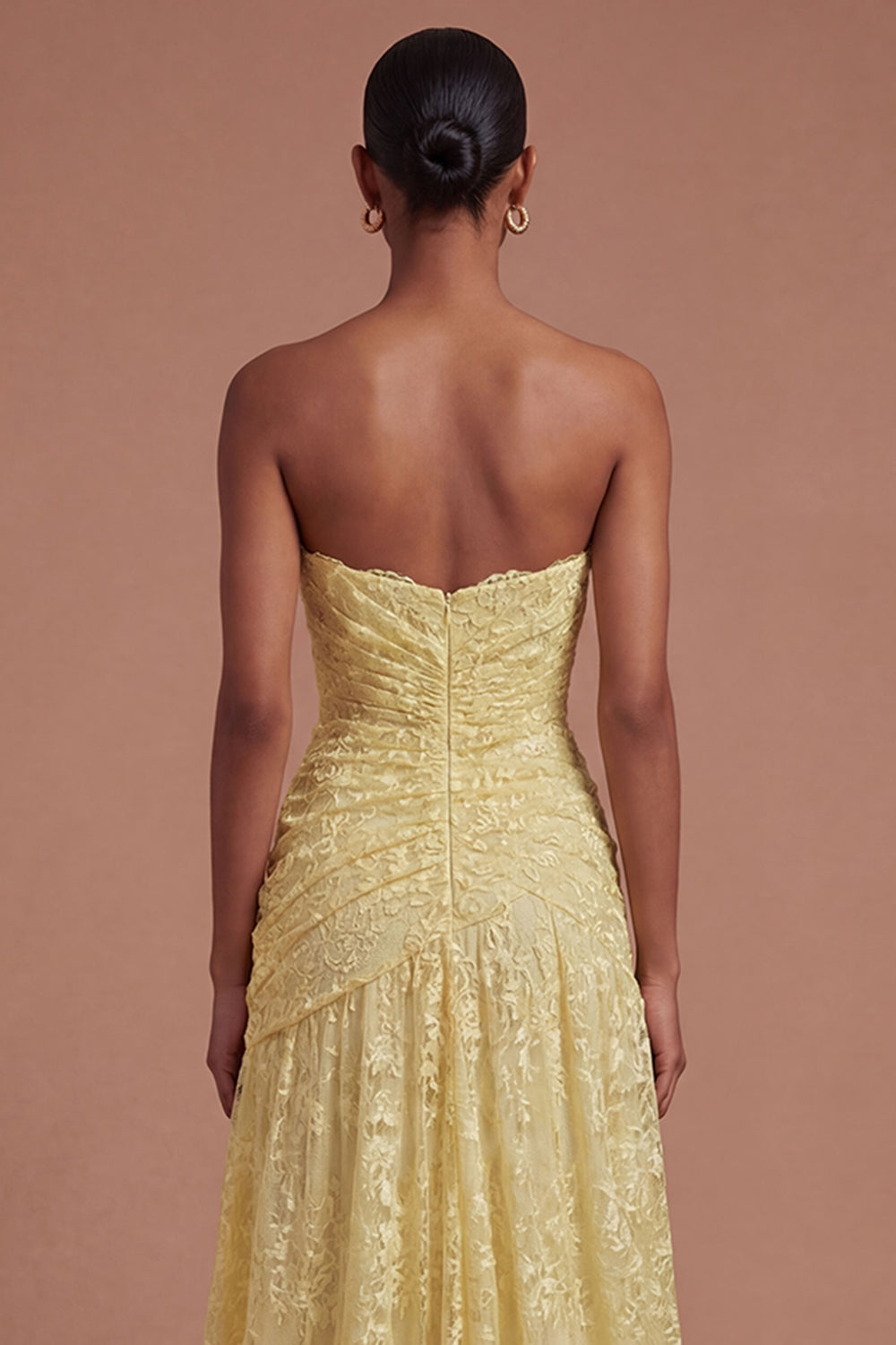 Yellow Floral A Line Strapless Long Prom Dress