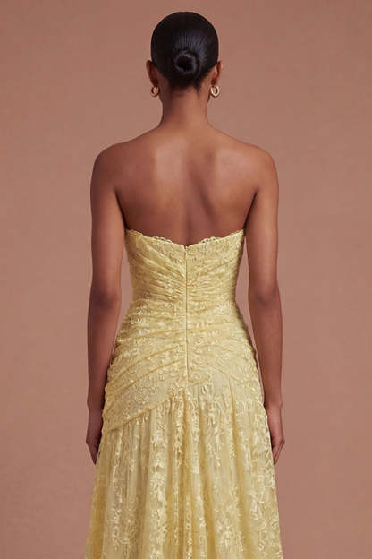 Yellow Floral A Line Strapless Long Prom Dress