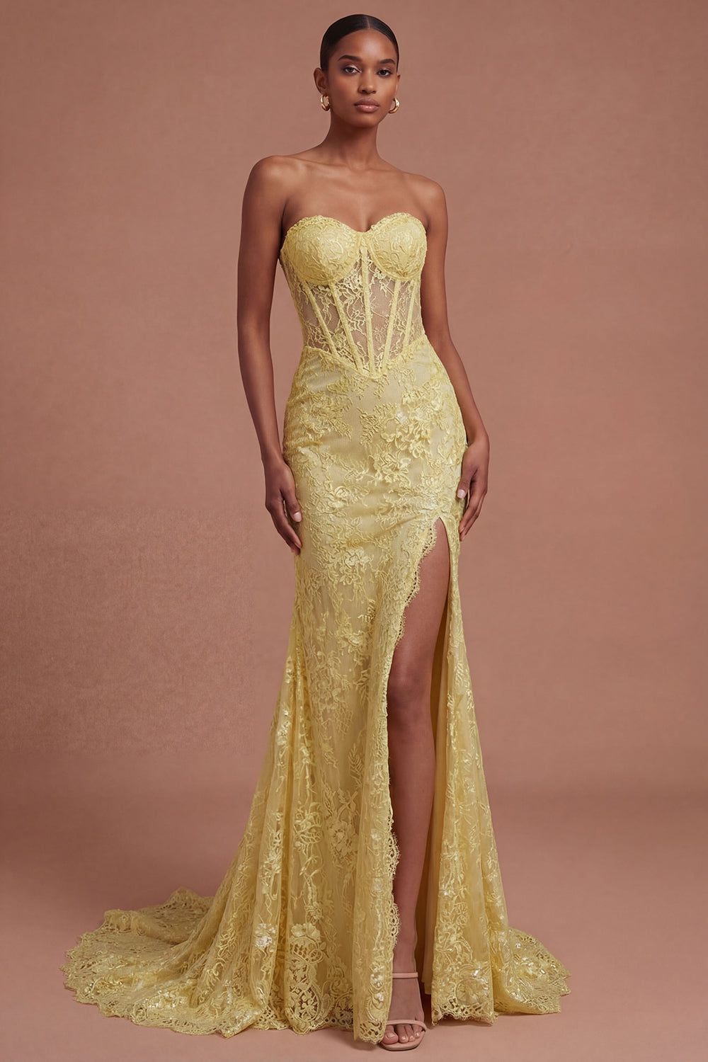 lLeely Women Yellow Floral Corset Mermaid Long Prom Dress with Slit Sweetheart Backless Evening Dress