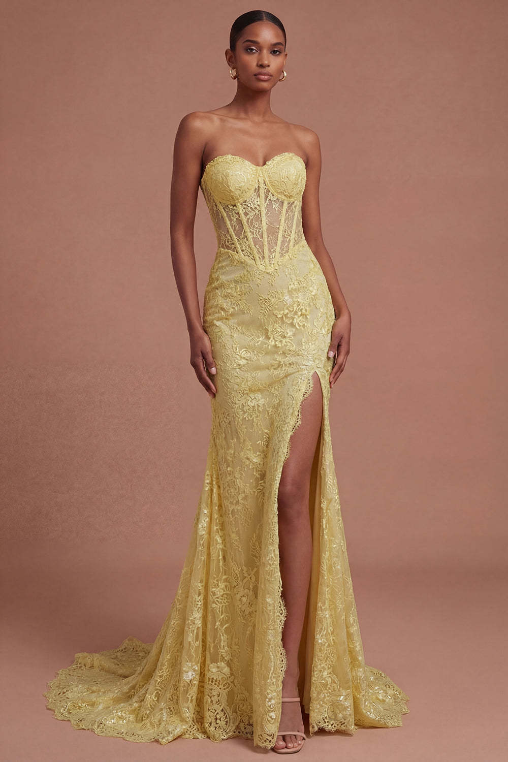 lLeely Women Yellow Floral Corset Mermaid Long Prom Dress with Slit Sweetheart Backless Evening Dress