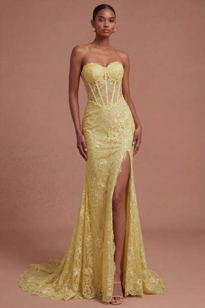 lLeely Women Yellow Floral Corset Mermaid Long Prom Dress with Slit Sweetheart Backless Evening Dress