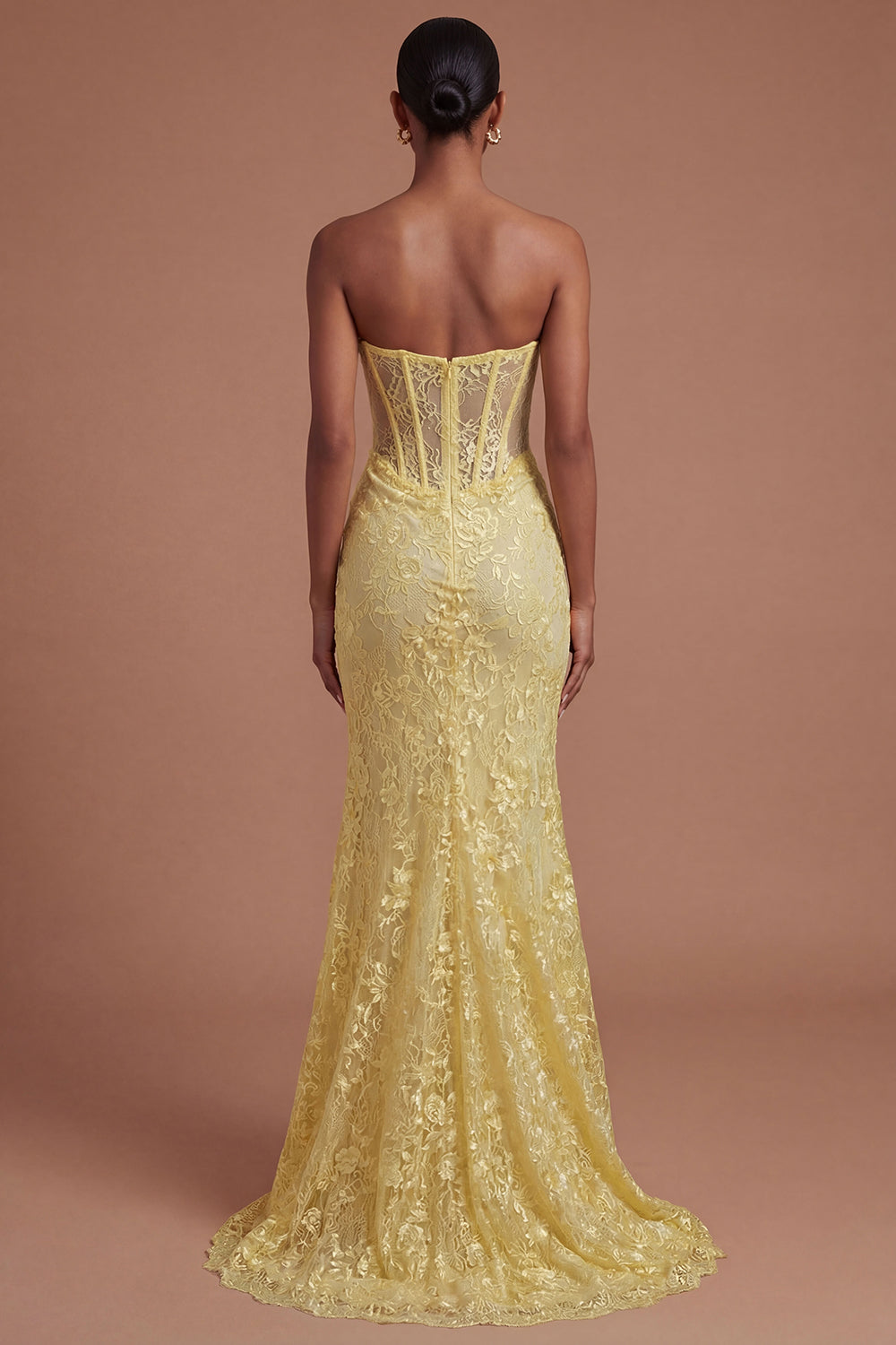 Yellow Floral Corset Mermaid Long Prom Dress with Slit