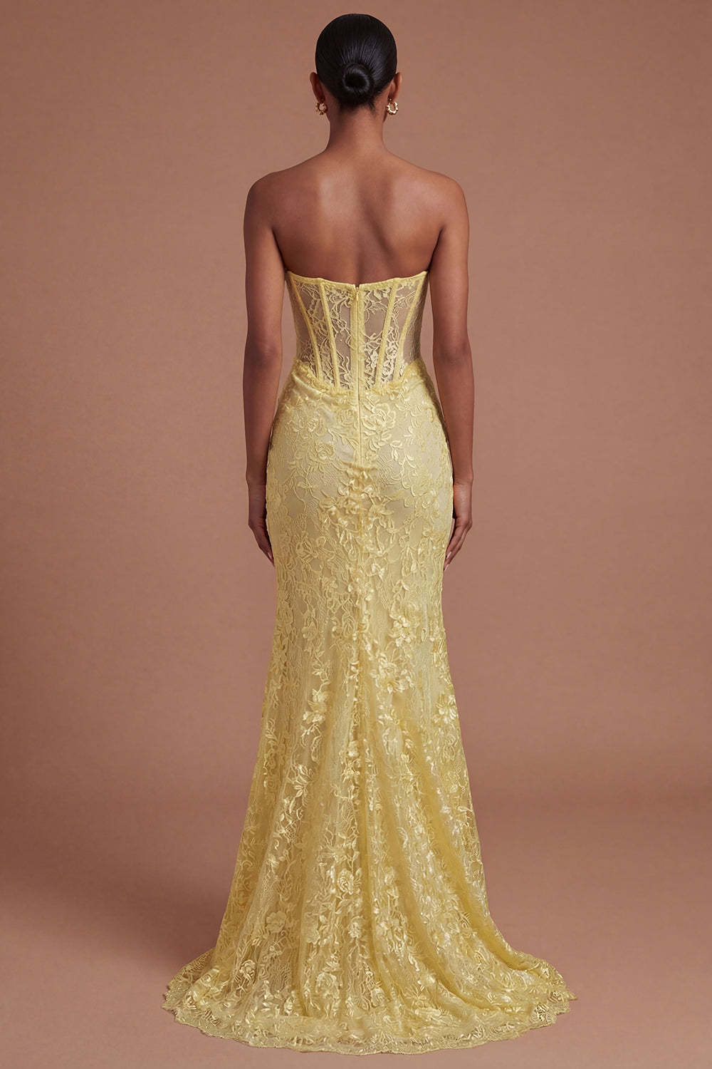 Yellow Floral Corset Mermaid Long Prom Dress with Slit