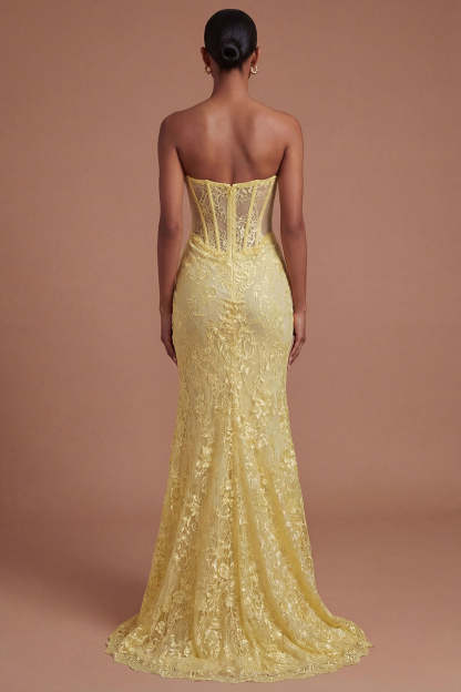 Yellow Floral Corset Mermaid Long Prom Dress with Slit