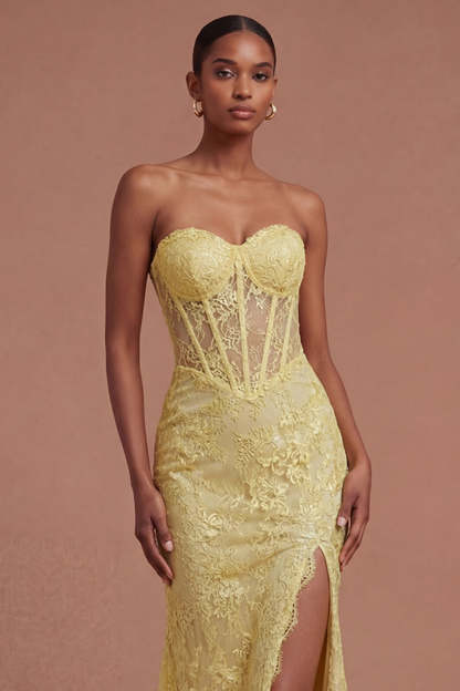 Yellow Floral Corset Mermaid Long Prom Dress with Slit