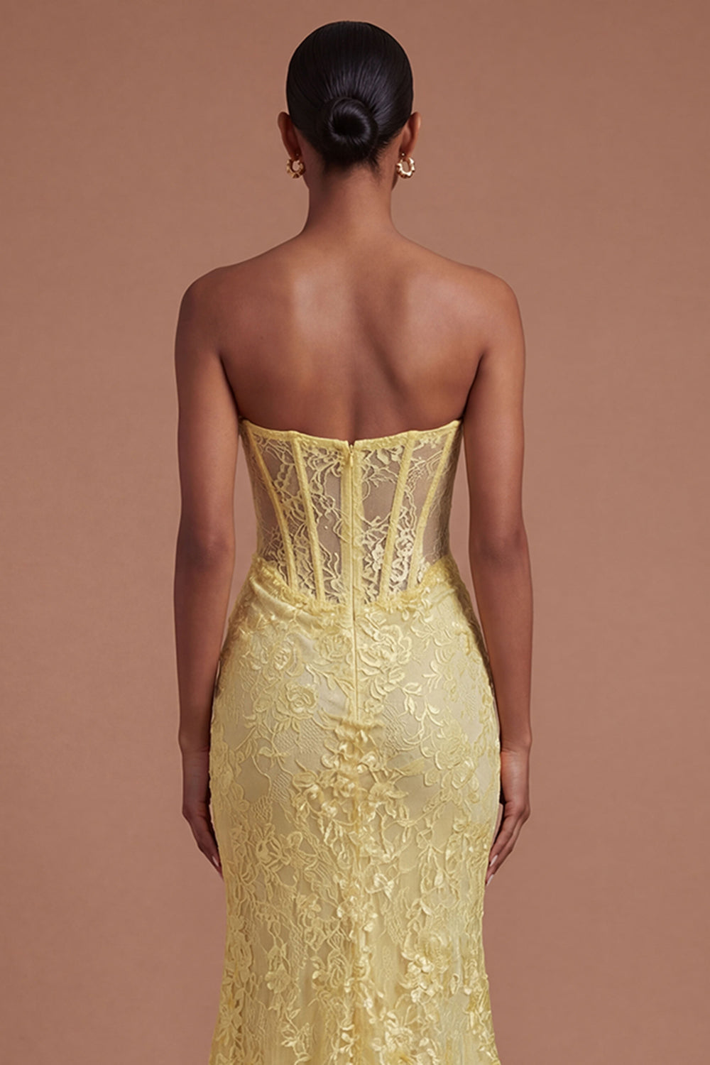 Yellow Floral Corset Mermaid Long Prom Dress with Slit