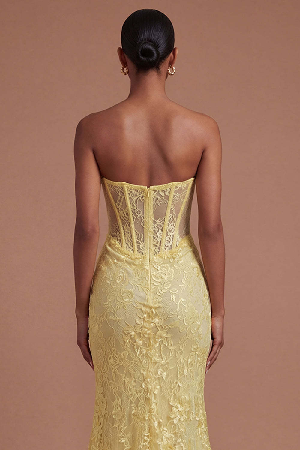 Yellow Floral Corset Mermaid Long Prom Dress with Slit