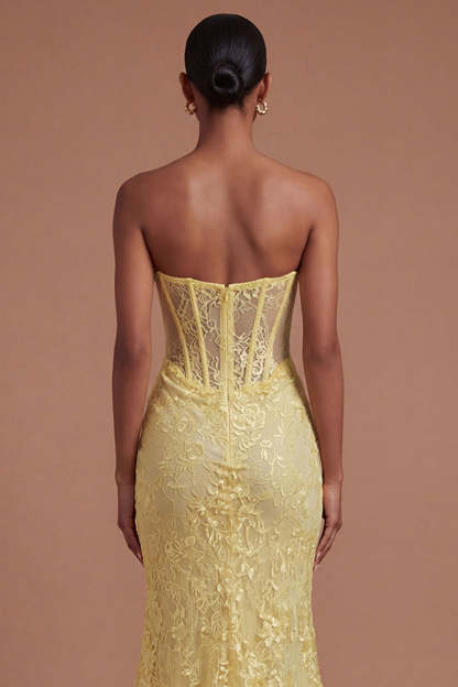 Yellow Floral Corset Mermaid Long Prom Dress with Slit