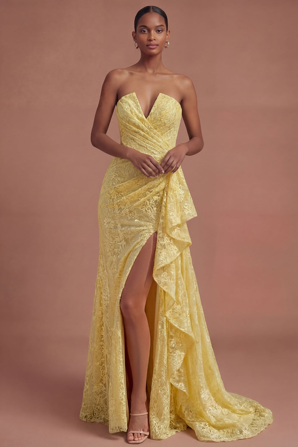 Ruffled Yellow Floral Corset Mermaid Long Prom Dress with Slit