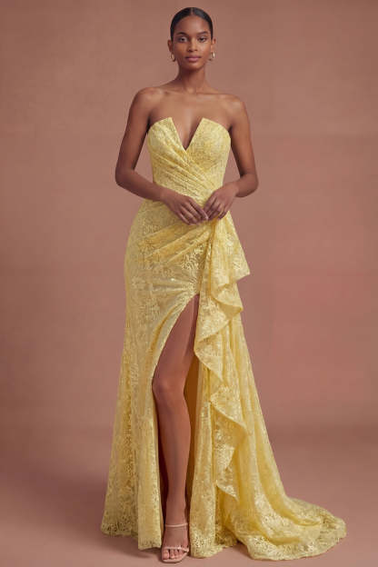 lLeely Women Yellow Floral Corset Mermaid Long Prom Dress with Slit Backless Ruffled Sleeveless Gala Dress