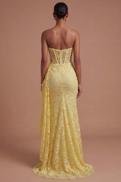 Ruffled Yellow Floral Corset Mermaid Long Prom Dress with Slit