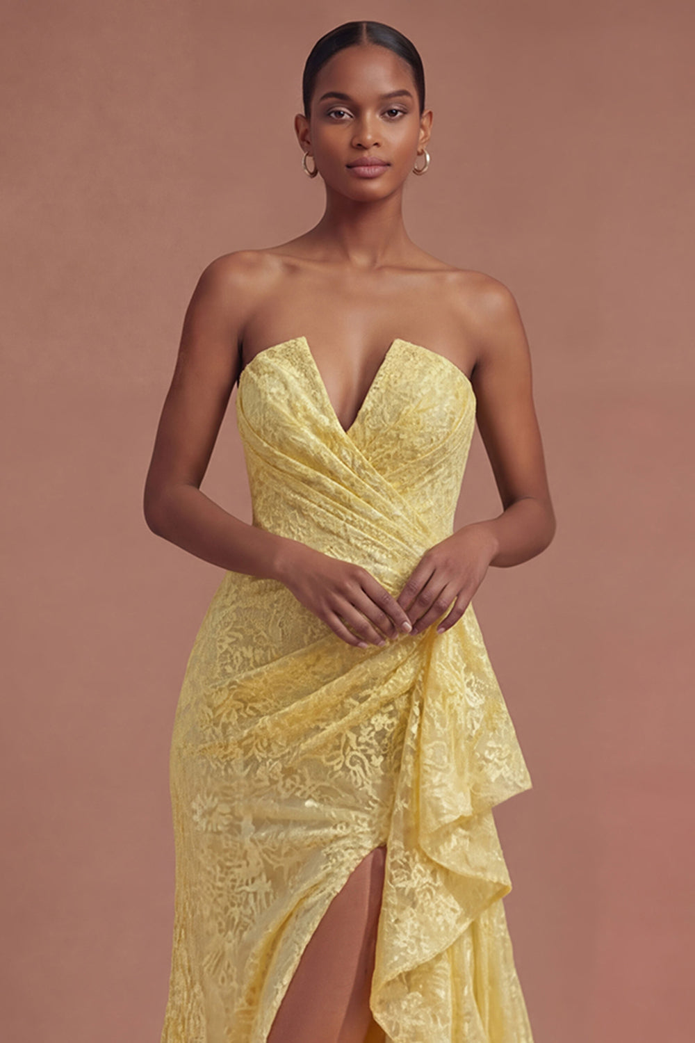 Ruffled Yellow Floral Corset Mermaid Long Prom Dress with Slit