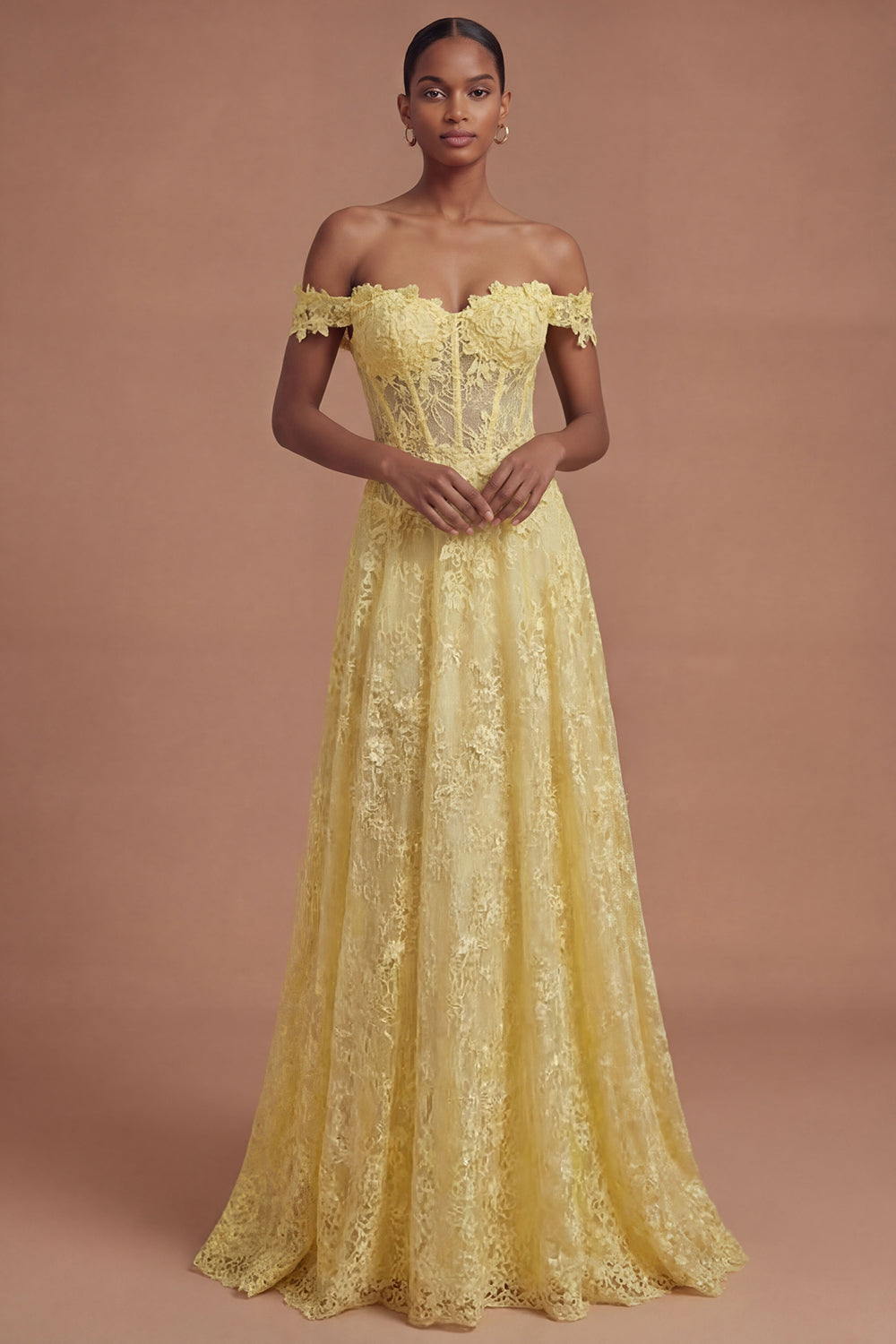 lLeely Women Corset Floral A Line Yellow Long Prom Dress Backless Off the Shoulder Evening Dress