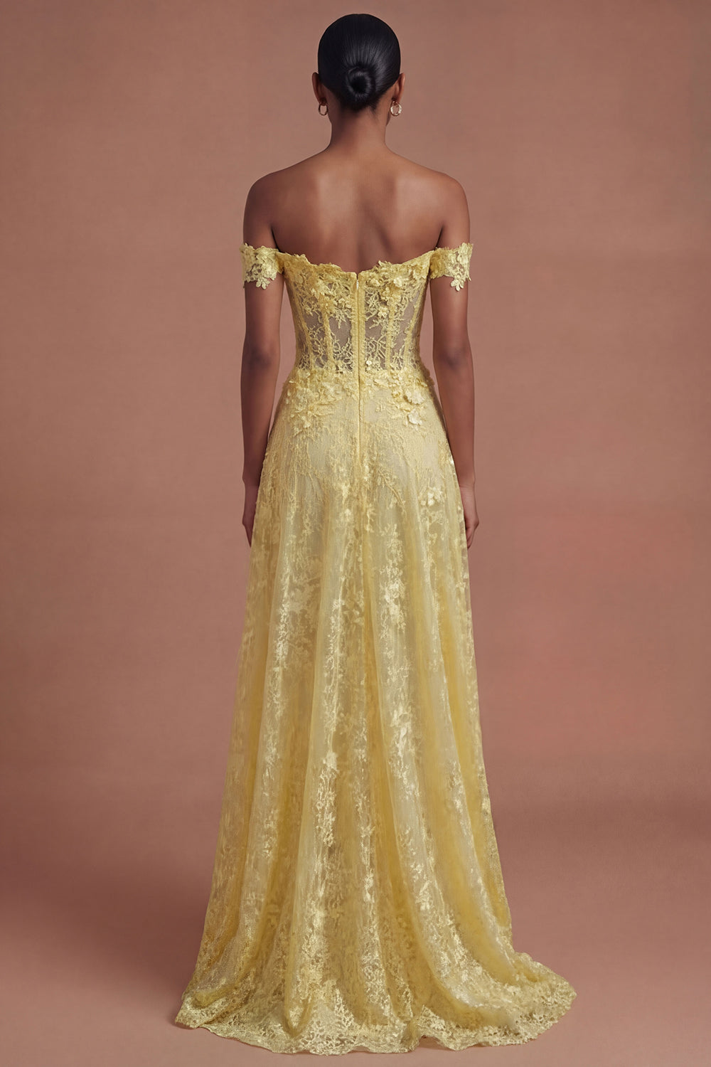 Corset Off the Shoulder Floral A Line Yellow Long Prom Dress