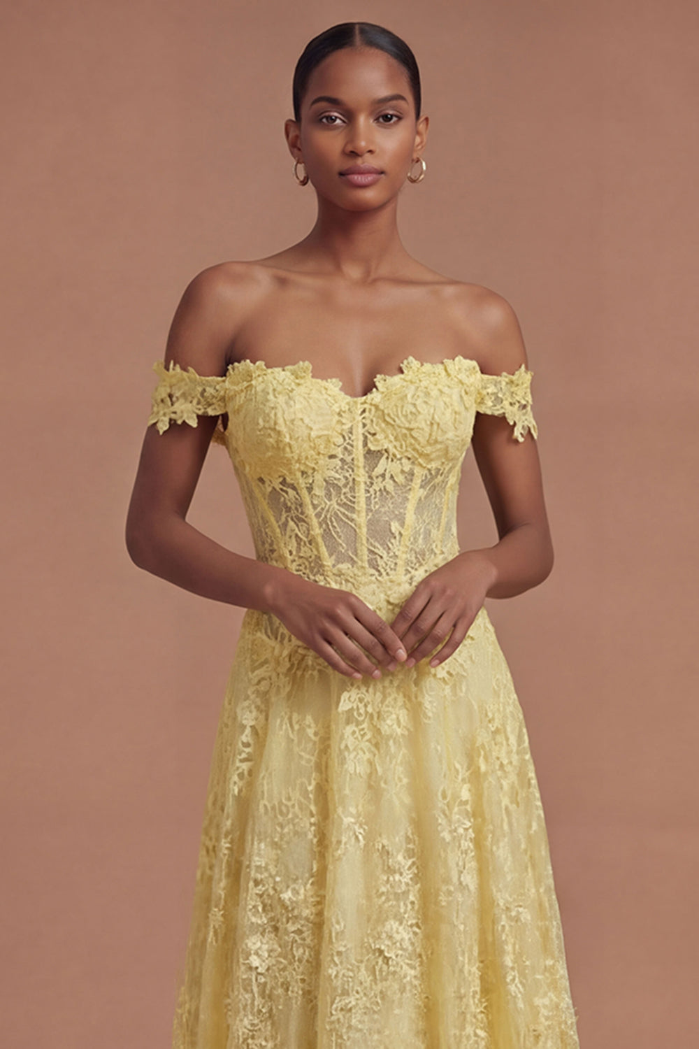 Corset Off the Shoulder Floral A Line Yellow Long Prom Dress