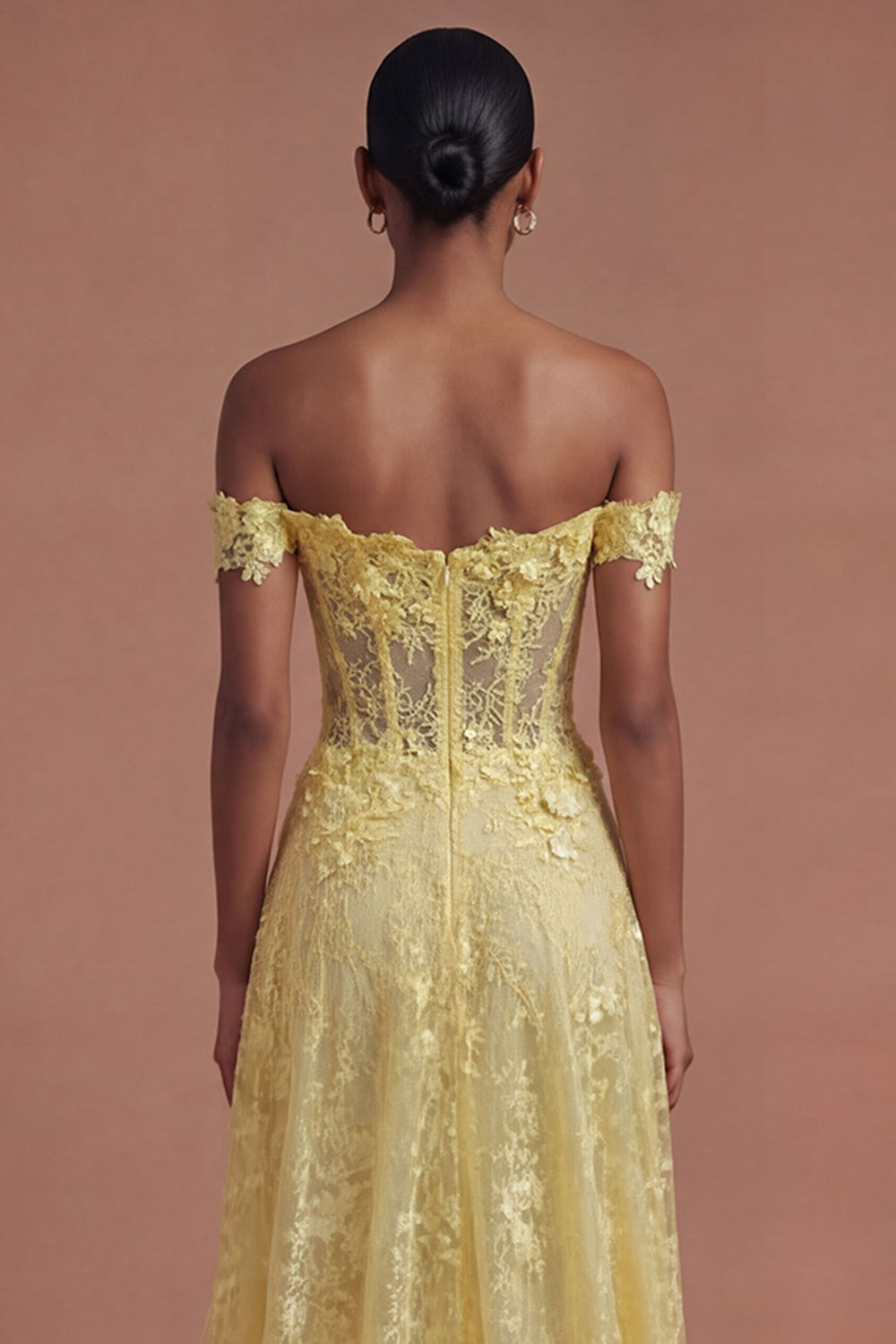 Corset Off the Shoulder Floral A Line Yellow Long Prom Dress