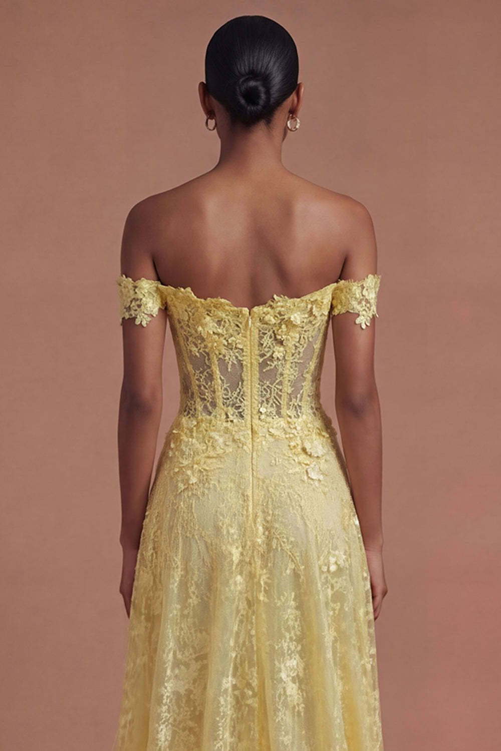Corset Off the Shoulder Floral A Line Yellow Long Prom Dress