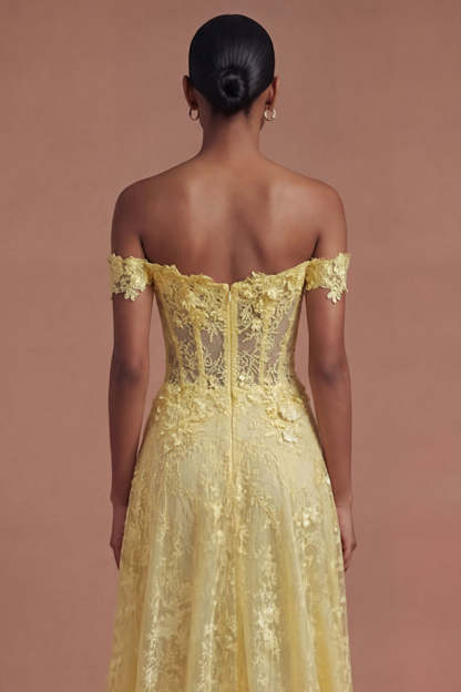 Corset Off the Shoulder Floral A Line Yellow Long Prom Dress