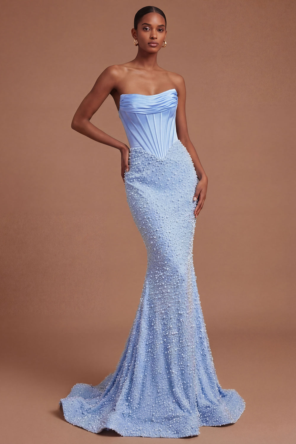 Leely Women Mermaid Blue Corset Beaded Long Prom Dress Strapless Sleeveless Evening Dress