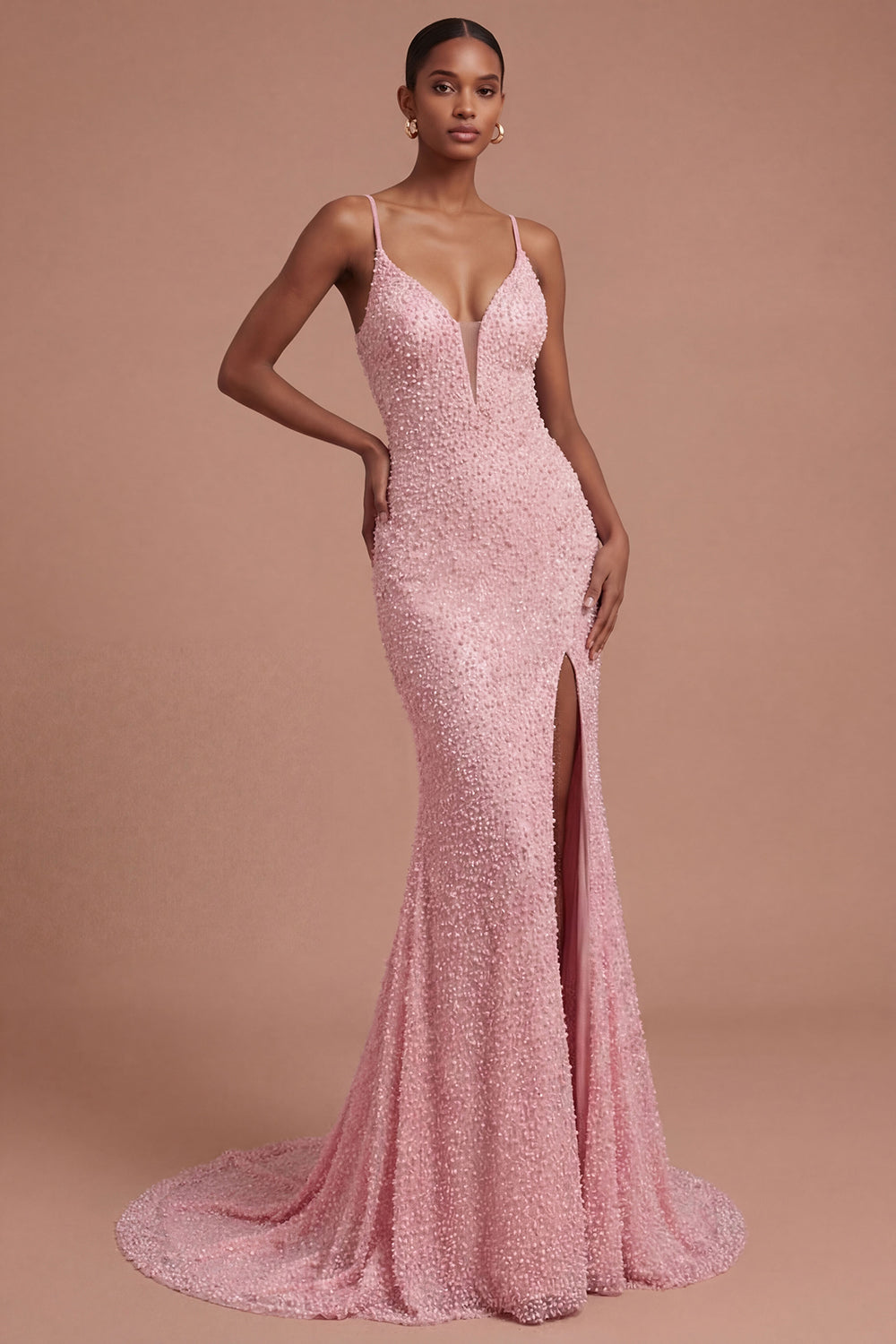 Spaghetti Straps Pink Mermaid Beaded Long Prom Dress with Slit