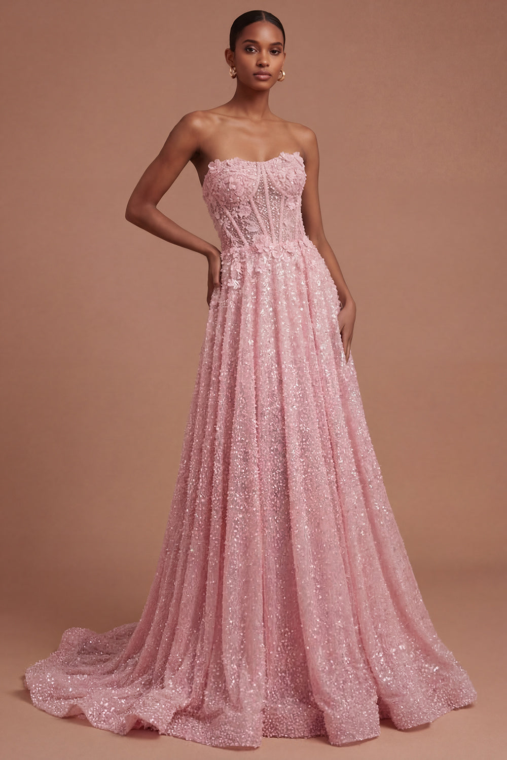 Leely Women A Line Sparkly Pink Corset Floral Appliqued Long Prom Dress Backless Sleeveless Wedding Guest Dress