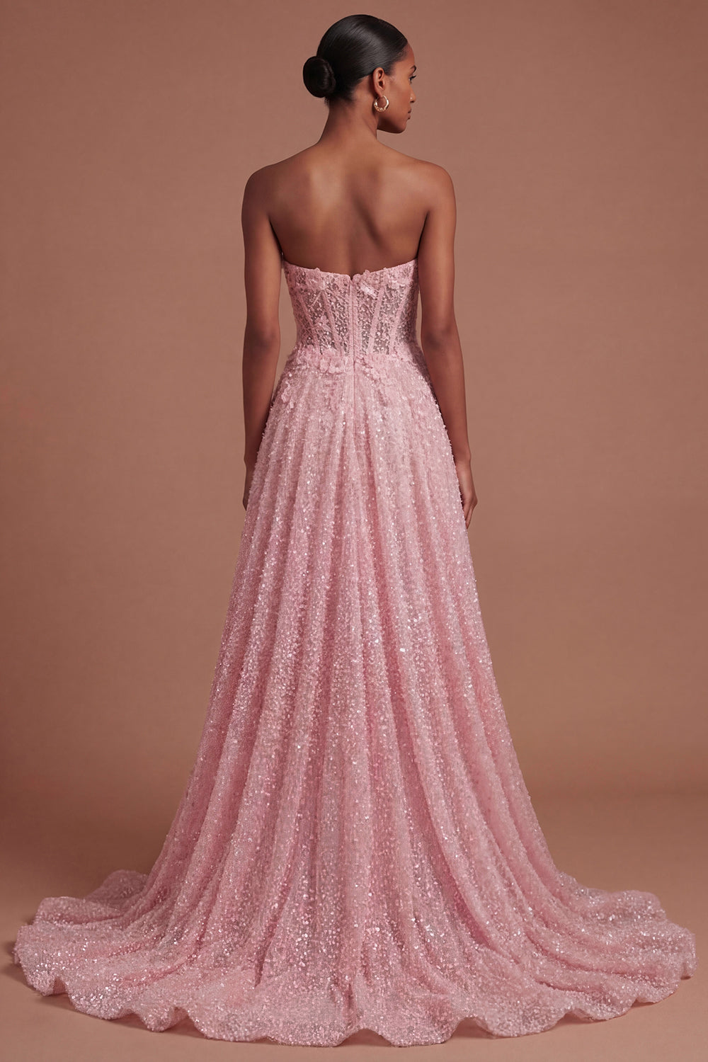 A Line Sparkly Pink Corset Floral Appliqued Long Prom Dress