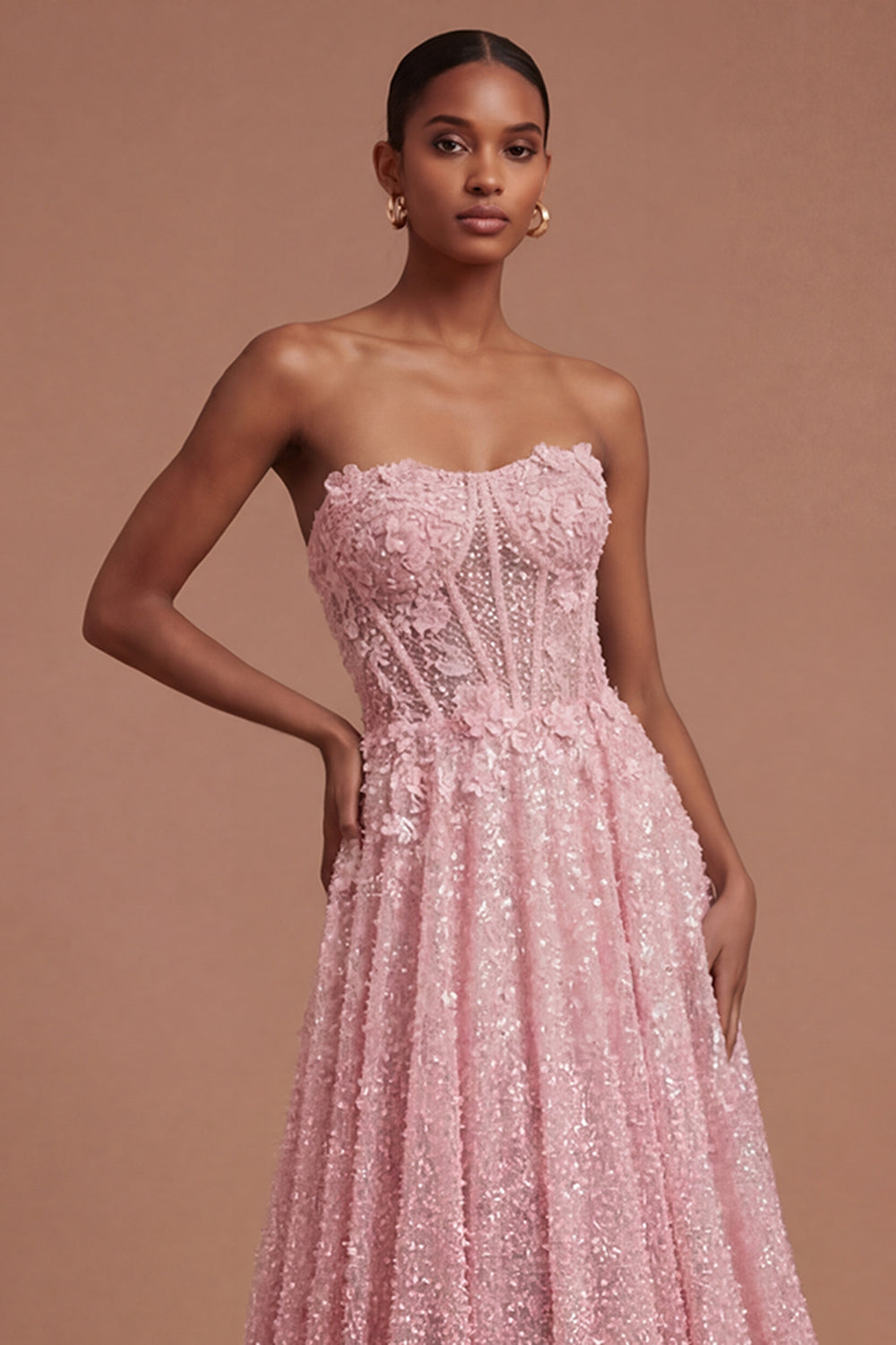 A Line Sparkly Pink Corset Floral Appliqued Long Prom Dress