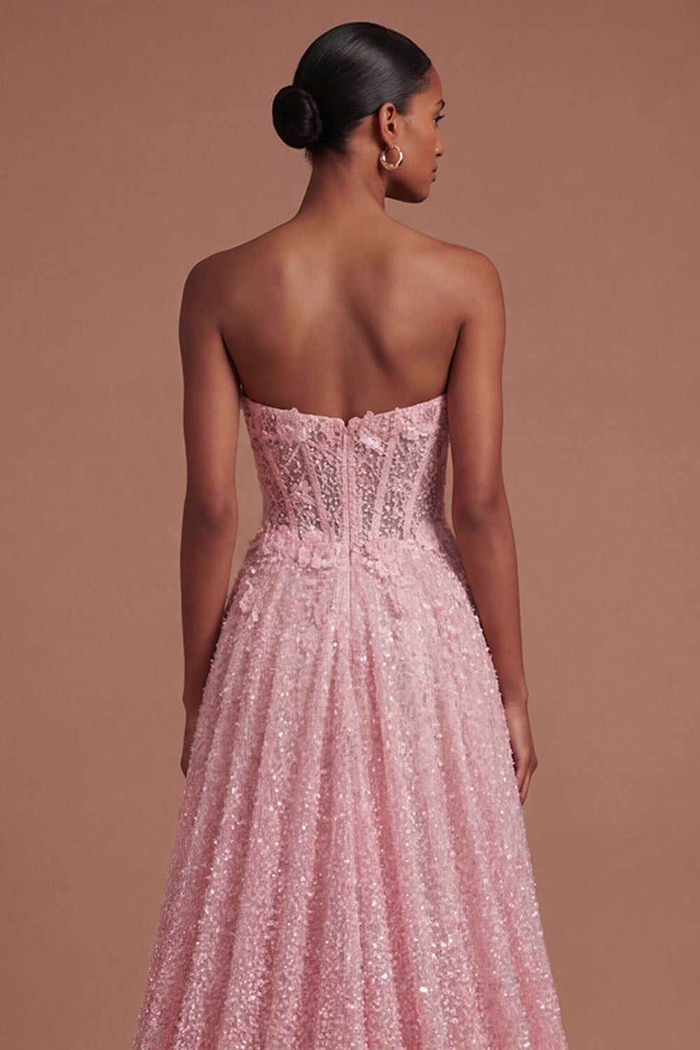 A Line Sparkly Pink Corset Floral Appliqued Long Prom Dress