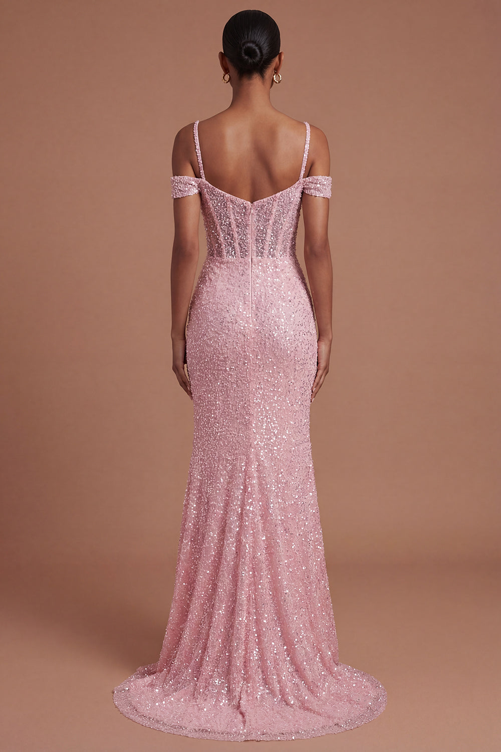 Pink Cold Shoulder Beaded Mermaid Long Prom Dress with Slit