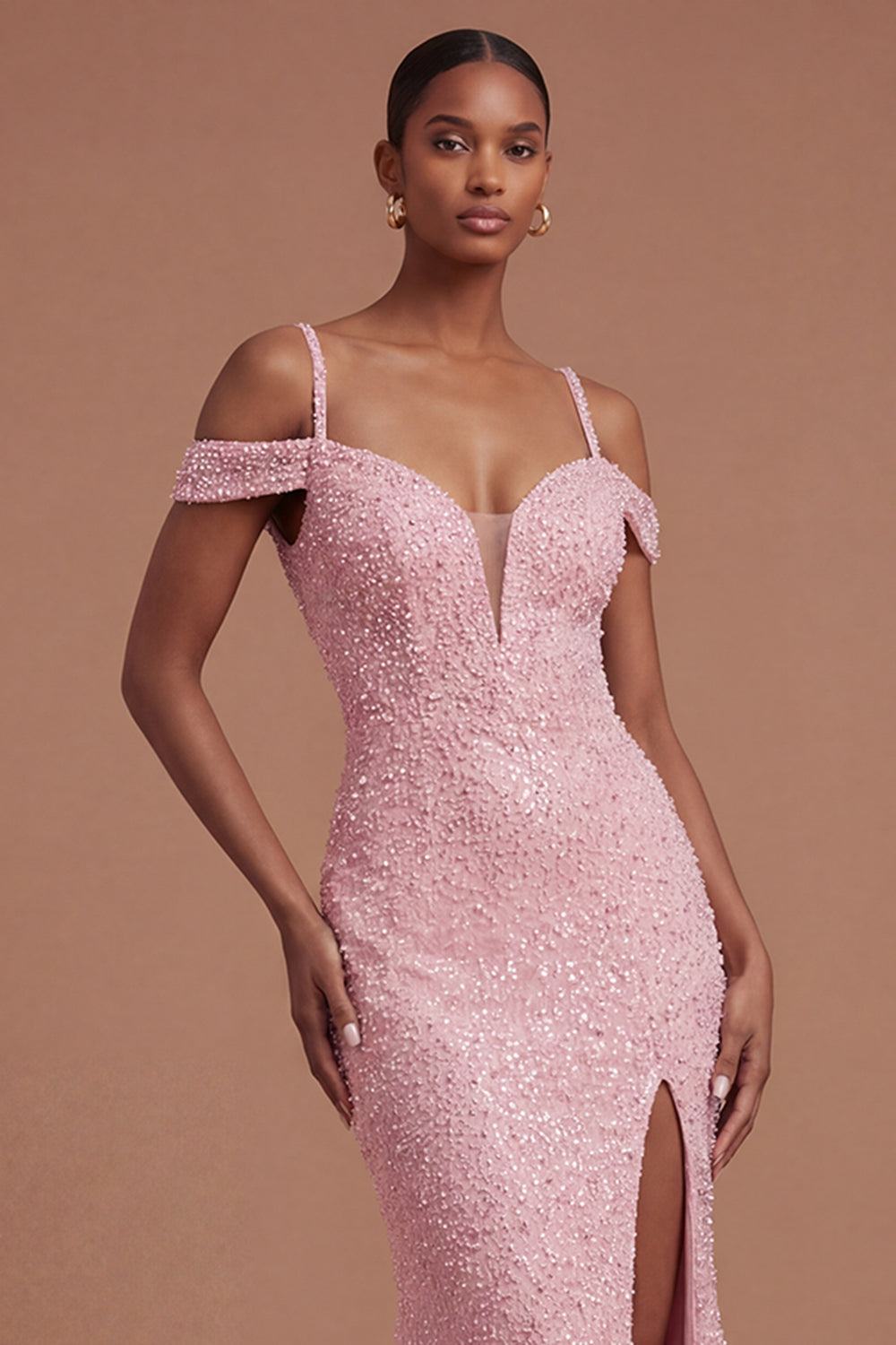 Pink Cold Shoulder Beaded Mermaid Long Prom Dress with Slit
