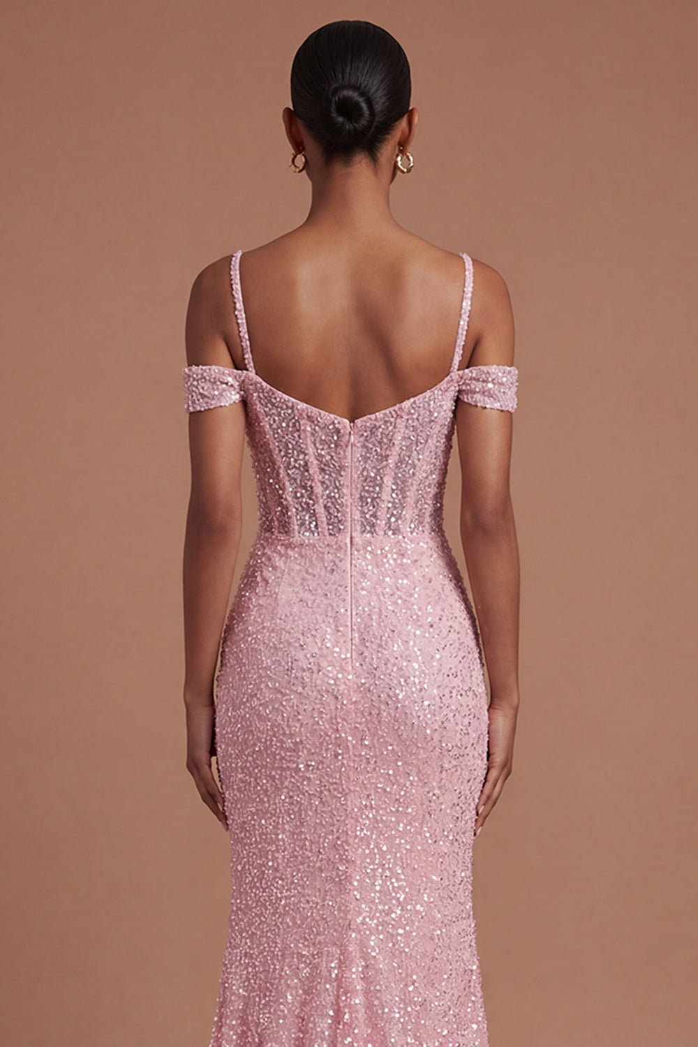 Pink Cold Shoulder Beaded Mermaid Long Prom Dress with Slit