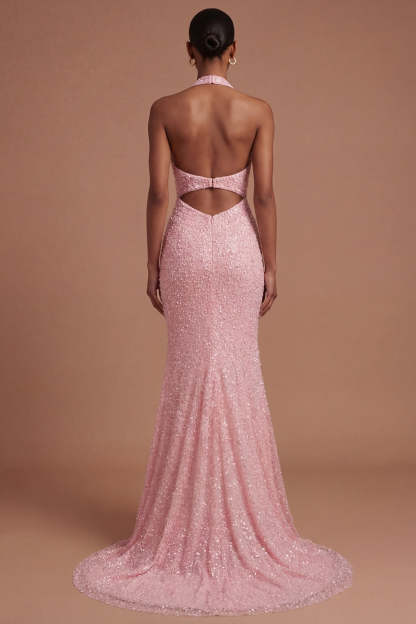 Pink Halter Neck Beaded Mermaid Long Prom Dress with Slit