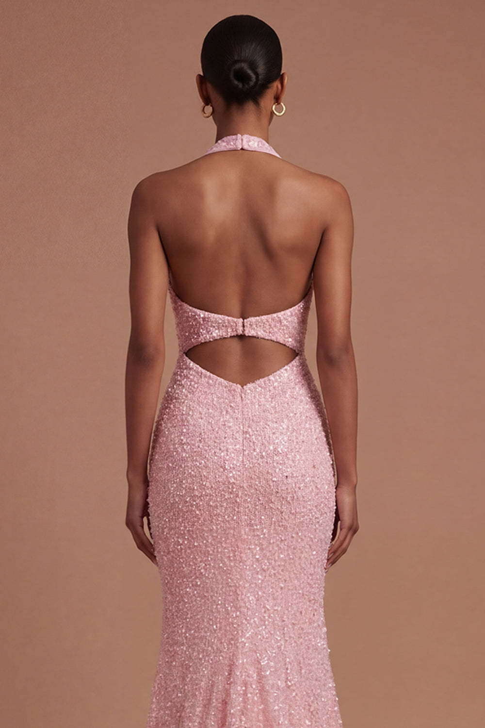 Pink Halter Neck Beaded Mermaid Long Prom Dress with Slit
